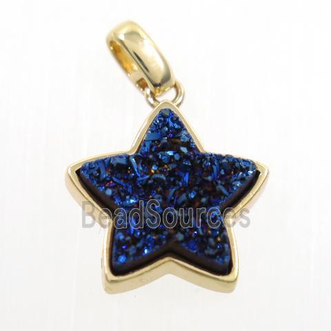 blue electroplated druzy quartz pendant, star, gold plated