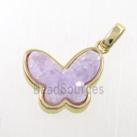 purple druzy quartz pendant, butterfly, gold plated