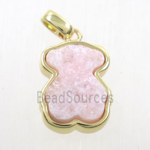 pink druzy quartz pendant, bear, gold plated