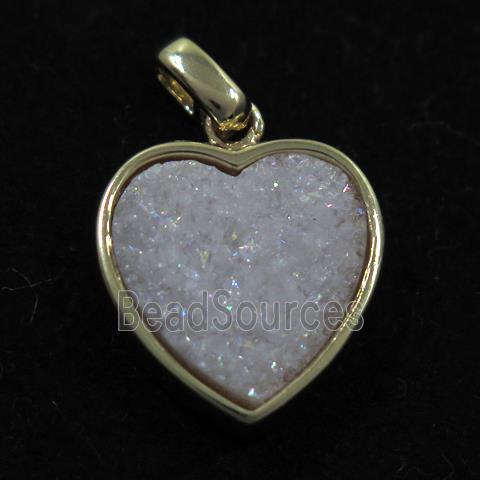 white AB-color druzy quartz heart pendant, gold plated