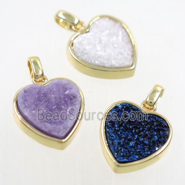 druzy quartz heart pendant, mix color, gold plated