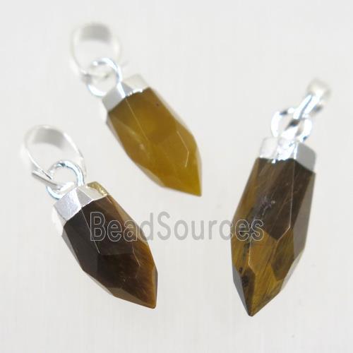 yellow Tiger eye stone pendant, faceted bullet, silver plated