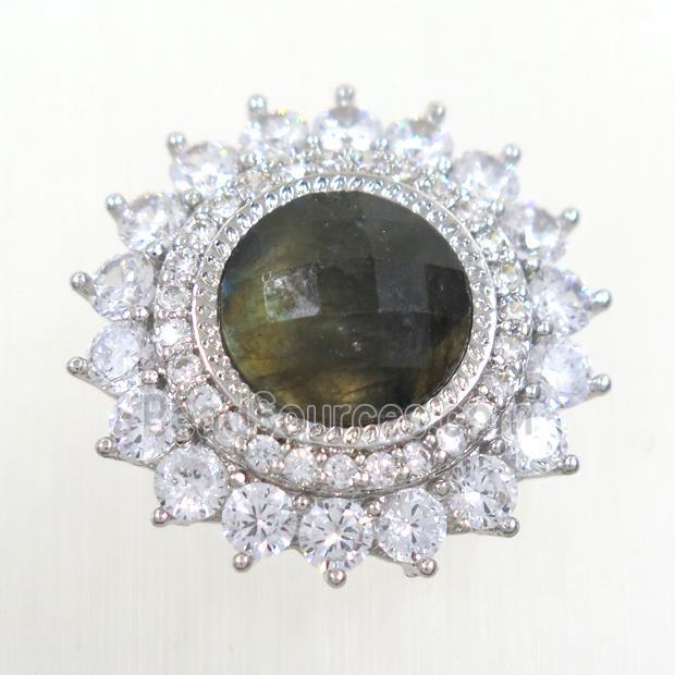 Labradorite sunFlower beads pave zircon, platinum plated