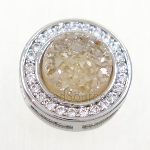 gold champagne Druzy Quartz beads pave zircon, flat-round, platinum plated