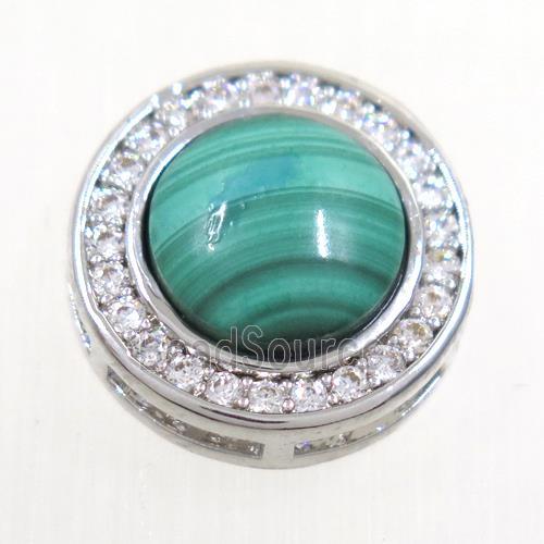 green Malachite beads pave zircon, flat-round, platinum plated