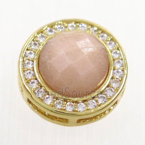 peach MoonStone beads pave zircon, flat-round, gold plated