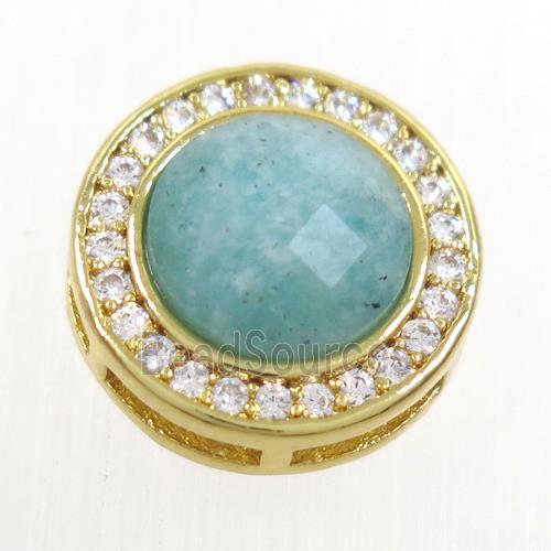 green Amazonite beads pave zircon, flat-round, gold plated