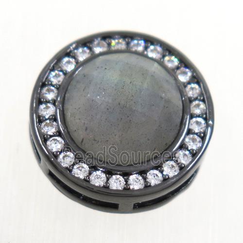 Labradorite beads pave zircon, flat-round, black plated