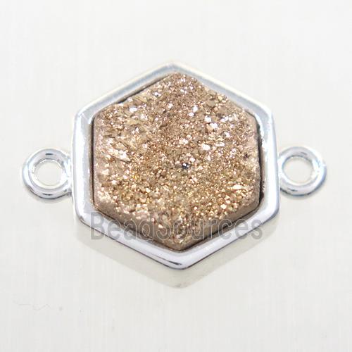 gold champagne Druzy quartz hexagon connector, platinum plated