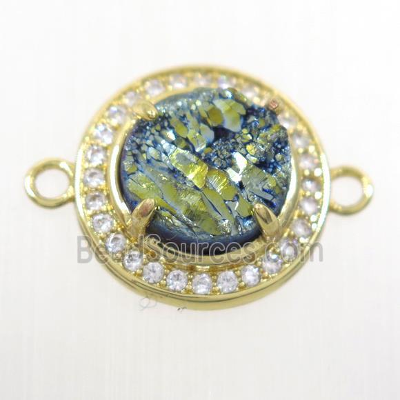 green Druzy agate connector pave zircon, flat round, gold plated