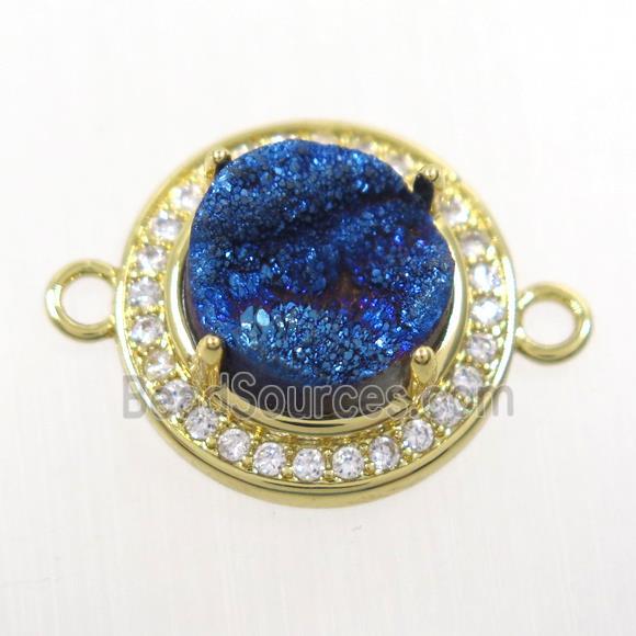 blue Druzy agate connector pave zircon, flat round, gold plated