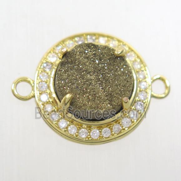 golden Druzy agate connector pave zircon, flat round, gold plated