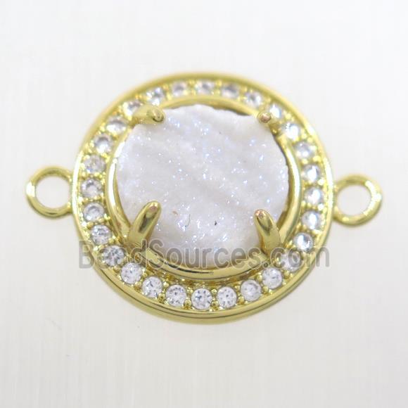 white AB-color Druzy agate connector pave zircon, flat round, gold plated