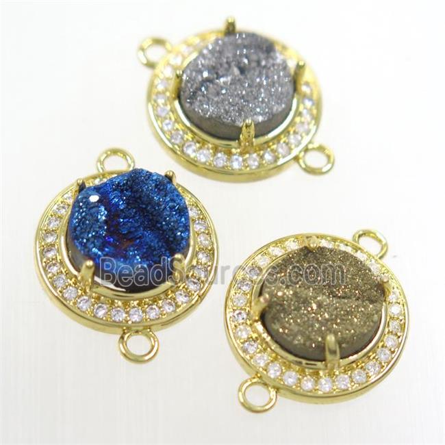 mix color Druzy agate connector pave zircon, flat round, gold plated