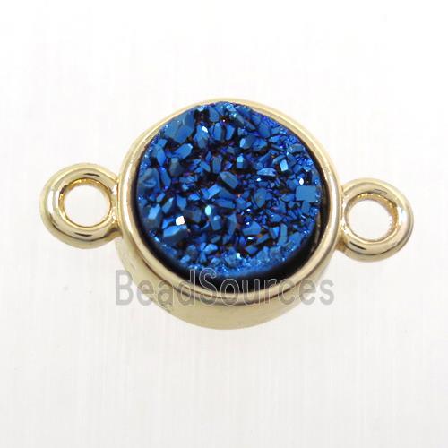 blue Druzy agate connector, flat-round, gold plated