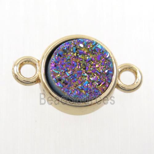 rainbow Druzy agate connector, flat-round, gold plated