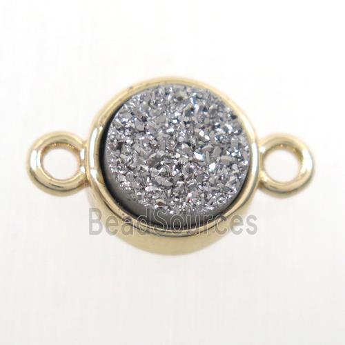 silver Druzy agate connector, flat-round, gold plated