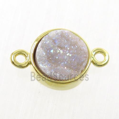 white AB-color Druzy agate connector, flat-round, gold plated