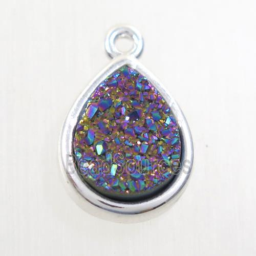 rainbow Druzy agate pendant, teardrop, platinum plated