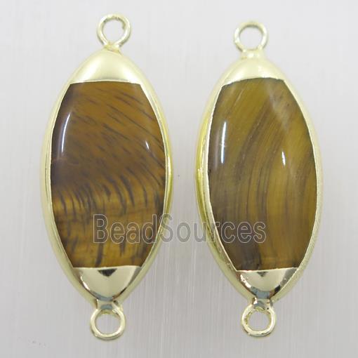 yellow Tiger eye stone connector, oval, gold plated