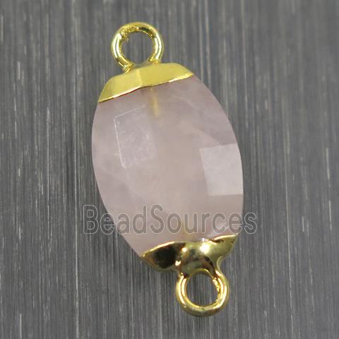 Rose Quartz connector, faceted oval, pink, gold plated