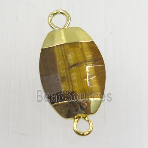 yellow Tiger eye stone connector, faceted oval, gold plated