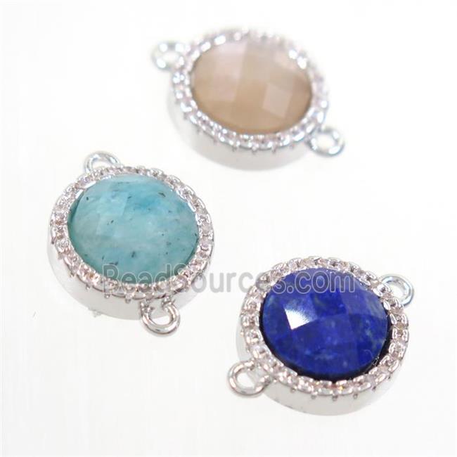 mixed gemstone connector paved zircon, circle, platinum plated