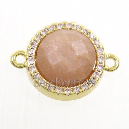 peach MoonStone connector paved zircon, circle, gold plated