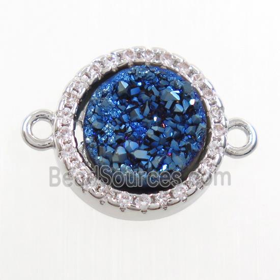 blue Druzy Quartz connector paved zircon, circle, platinum plated