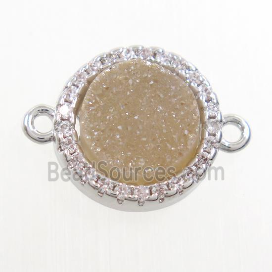 gold champagne Druzy Quartz connector paved zircon, circle, platinum plated