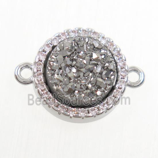 silver Druzy Quartz connector paved zircon, circle, platinum plated