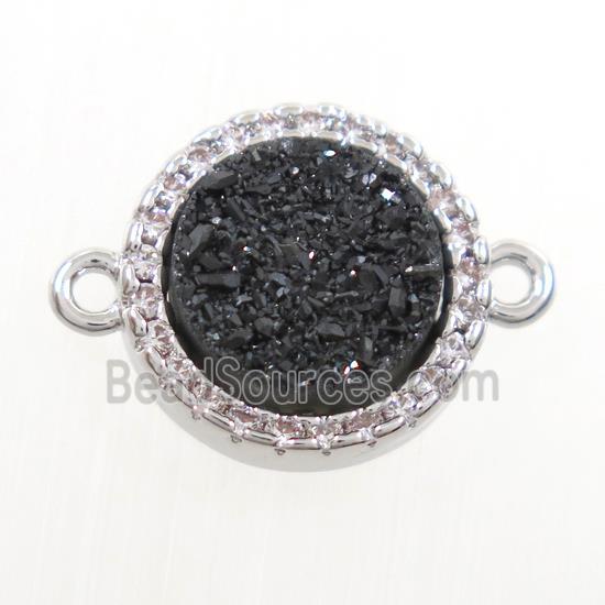 black Druzy Quartz connector paved zircon, circle, platinum plated