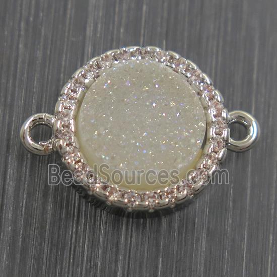 white AB-color Druzy Quartz connector paved zircon, circle, platinum plated