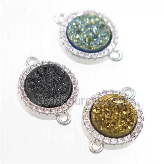 mixed color Druzy Quartz connector paved zircon, circle, platinum plated