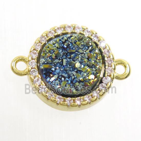 green Druzy Quartz connector paved zircon, circle, gold plated