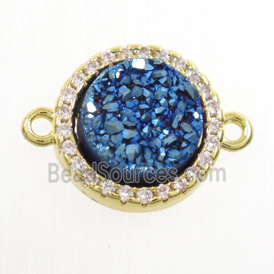 blue Druzy Quartz connector paved zircon, circle, gold plated