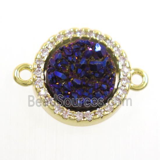 purple Druzy Quartz connector paved zircon, circle, gold plated