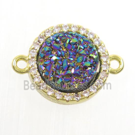 rainbow Druzy Quartz connector paved zircon, circle, gold plated