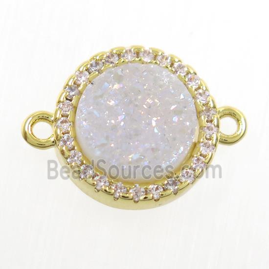 white AB-color Quartz agate connector paved zircon, circle, gold plated