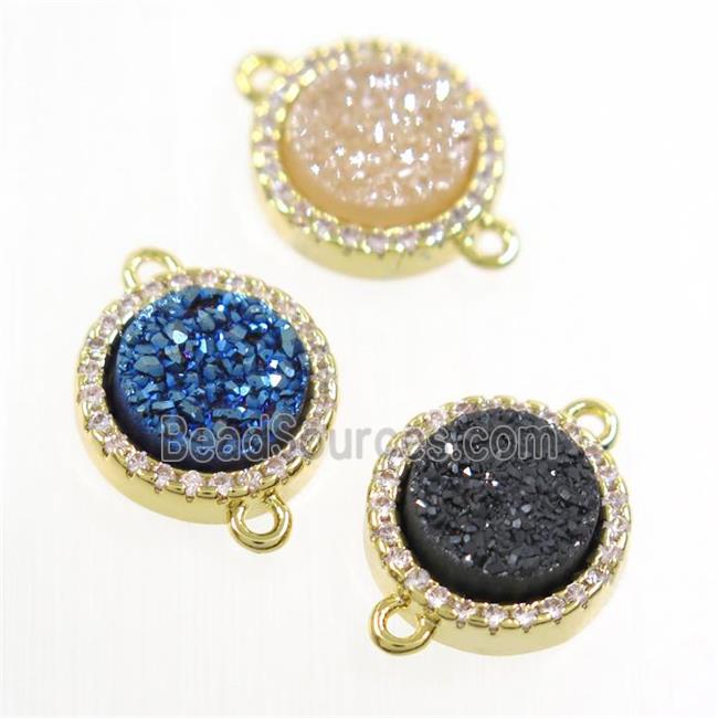 mixed color Druzy Quartz connector paved zircon, circle, gold plated