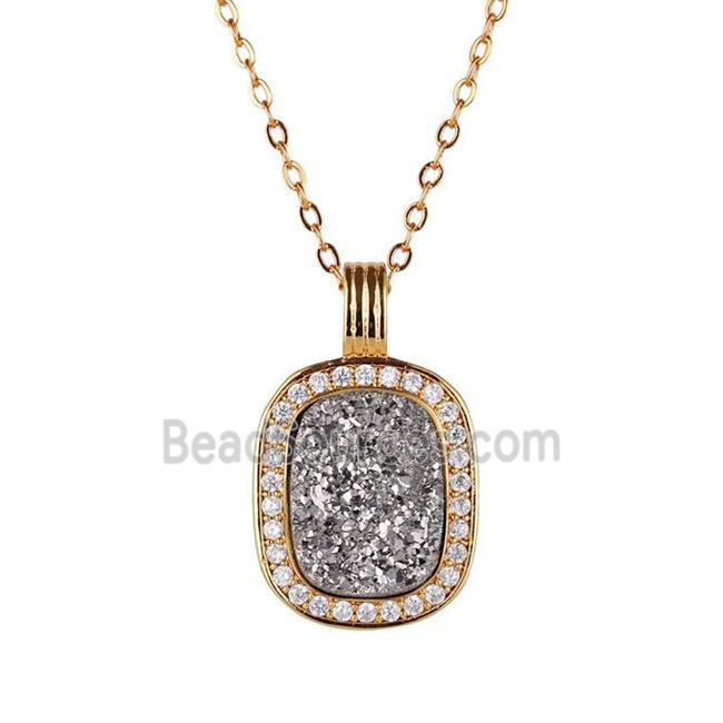 silver Druzy Agate necklace pave zircon, copper, 24k gold plated