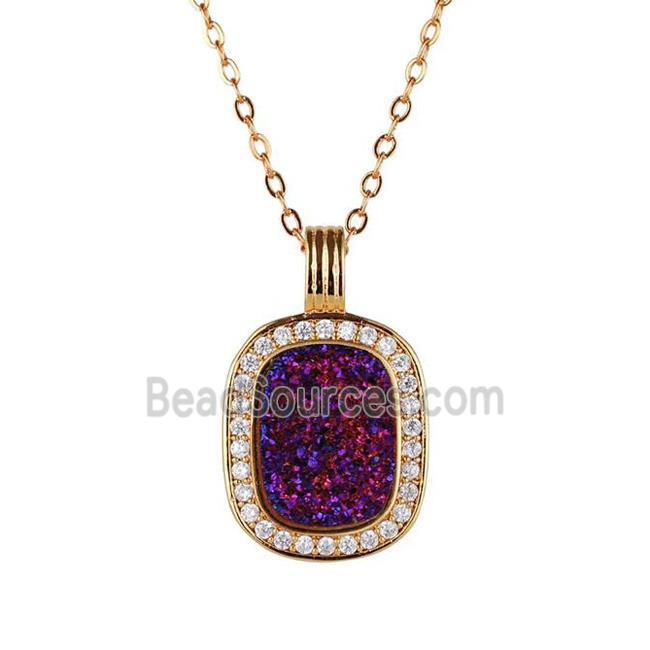 purple Druzy Agate necklace pave zircon, copper, 24k gold plated