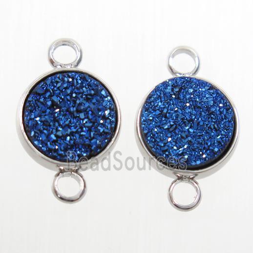 blue Druzy Resin connector, circle, platinum plated