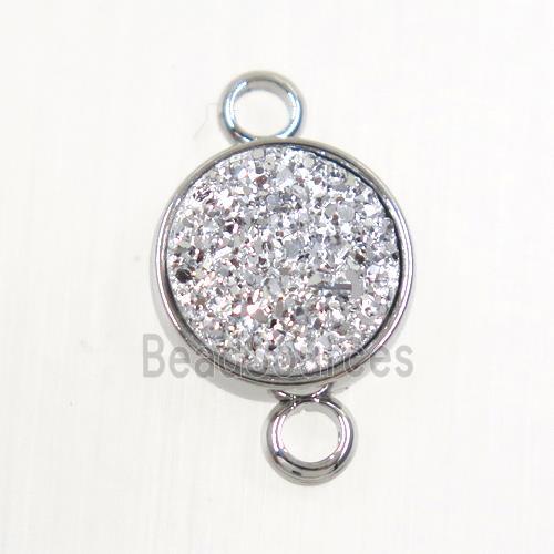 silver Druzy Resin connector, circle, platinum plated