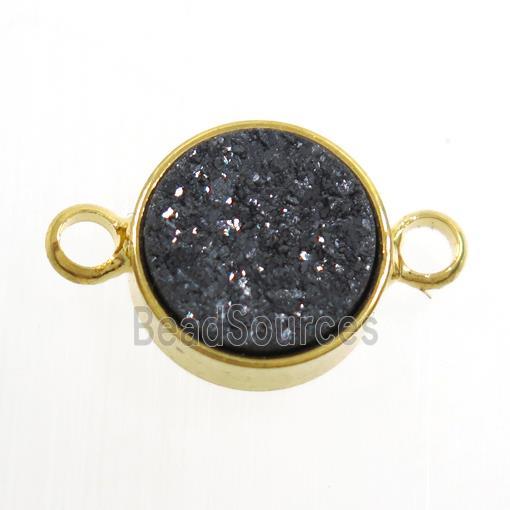 black Druzy Resin connector, circle, gold plated