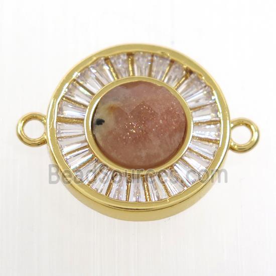 peach MoonStone circle connector pave zircon, brass, gold plated