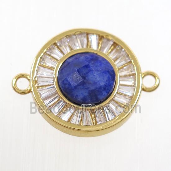 blue Lapis Lazuli circle connector pave zircon, brass, gold plated