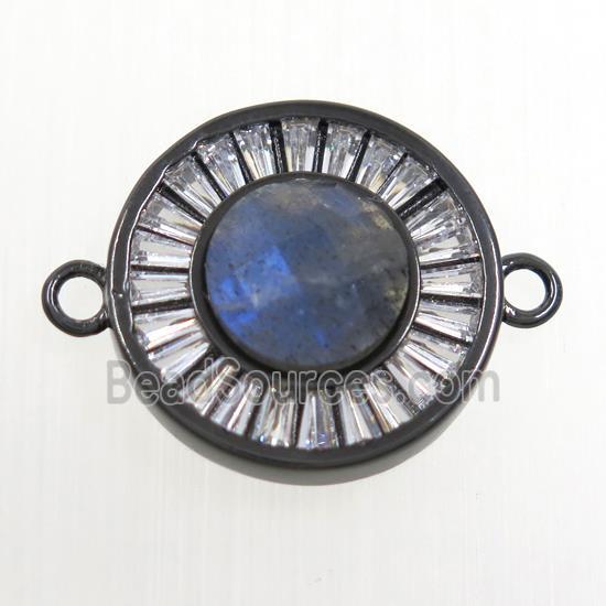 Labradorite circle connector pave zircon, brass, black plated