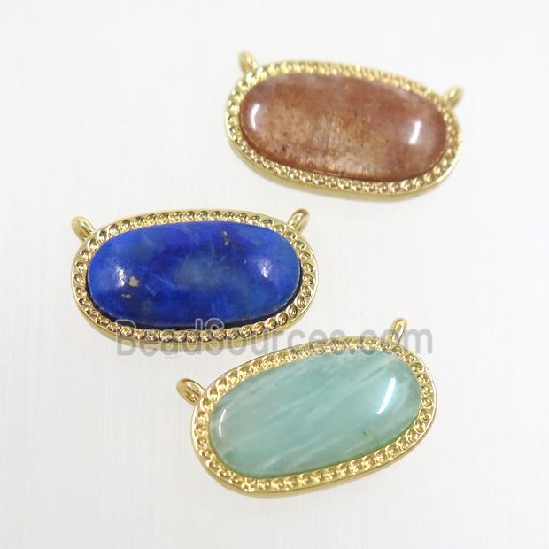 mixed gemstone oval pendant with 2loops, brass, gold plated