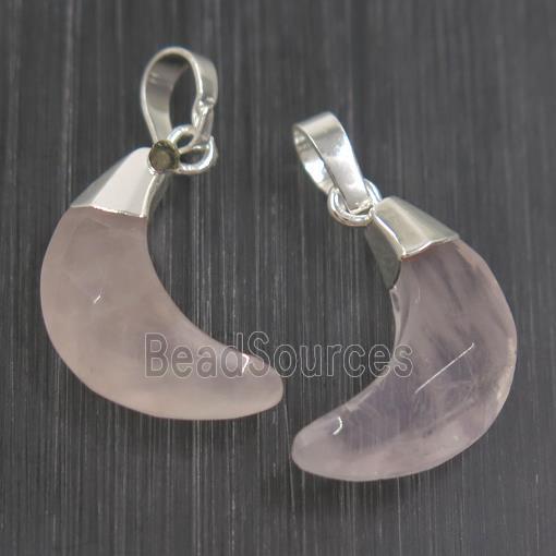 faceted Rose Quartz crescent moon pendant, pink, silver plated